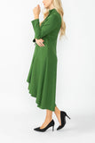 Hunter Green Stand Collar Front Ribbon Detail Asymmetrical Dress