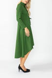 Hunter Green Stand Collar Front Ribbon Detail Asymmetrical Dress