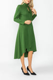 Hunter Green Stand Collar Front Ribbon Detail Asymmetrical Dress