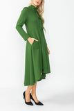 Hunter Green Stand Collar Front Ribbon Detail Asymmetrical Dress