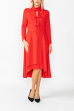 Red Stand Collar Front Ribbon Detail Asymmetrical Dress