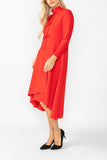 Red Stand Collar Front Ribbon Detail Asymmetrical Dress