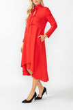 Red Stand Collar Front Ribbon Detail Asymmetrical Dress