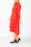 Red Stand Collar Front Ribbon Detail Asymmetrical Dress