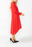 Red Stand Collar Front Ribbon Detail Asymmetrical Dress