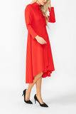 Red Stand Collar Front Ribbon Detail Asymmetrical Dress