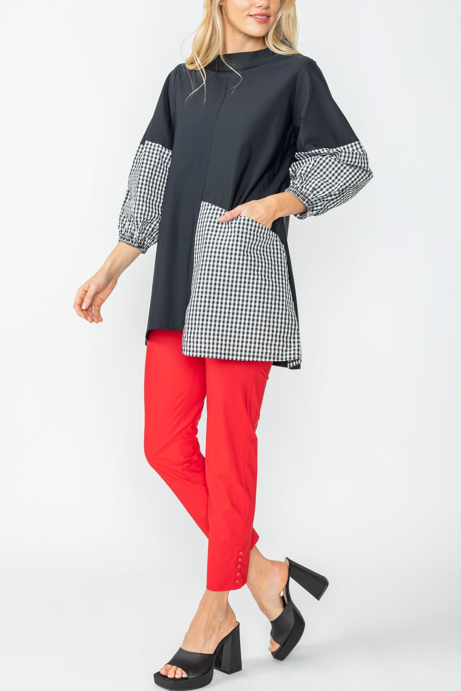 Black Gingham Contrast Tunic Top