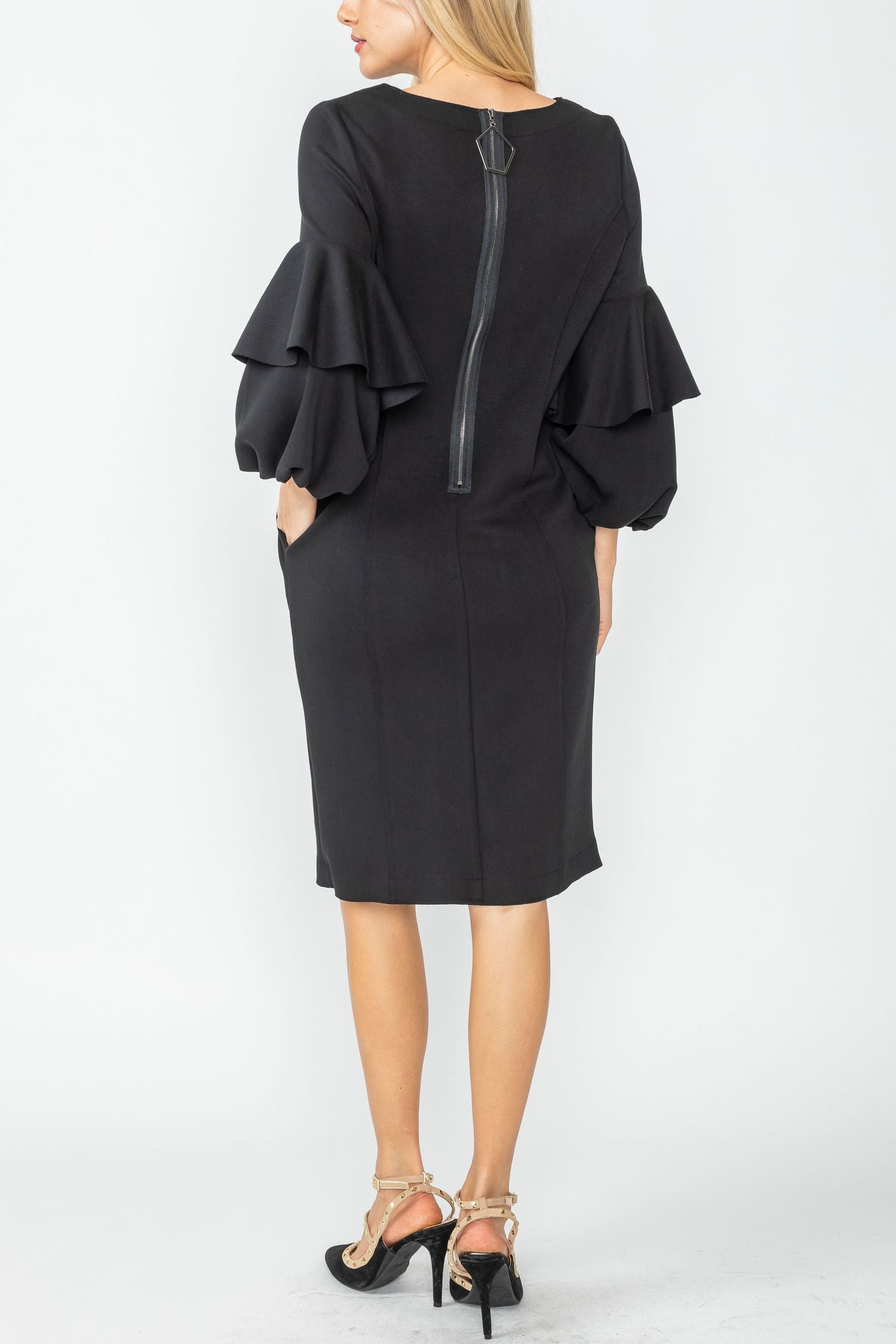 Black Ruffle and Balloon Sleeve Dress Black / Small