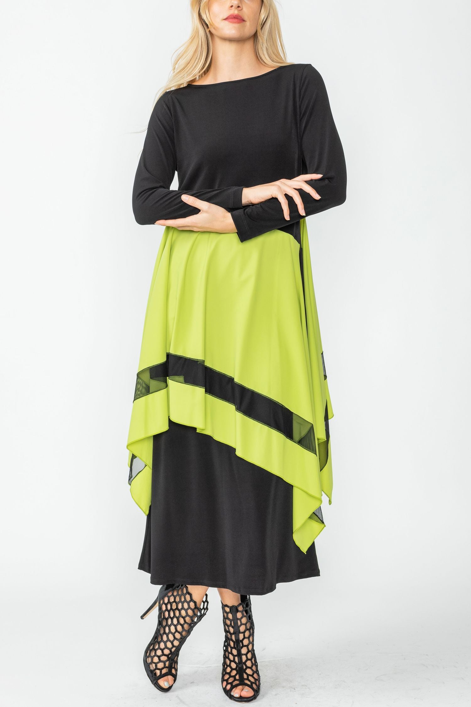 Lime Boat Neck Asymmetrical Layer Mix Dress Lime / X-Large Lime Boat Neck Asymmetrical Layer Mix Dress Lime / X-Large