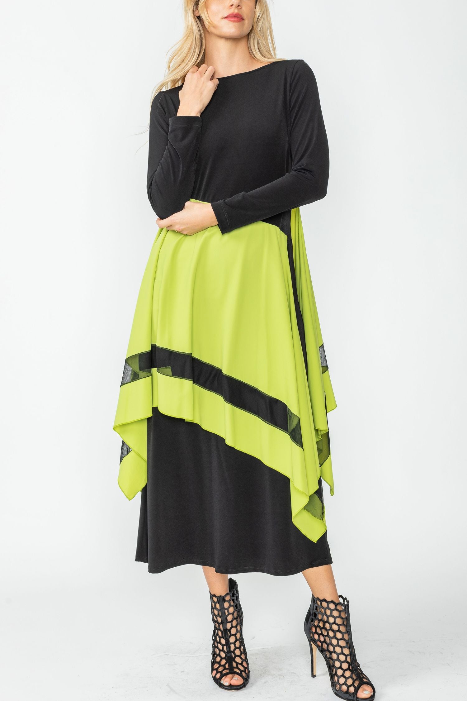 Lime Boat Neck Asymmetrical Layer Mix Dress Lime / X-Large Lime Boat Neck Asymmetrical Layer Mix Dress Lime / X-Large