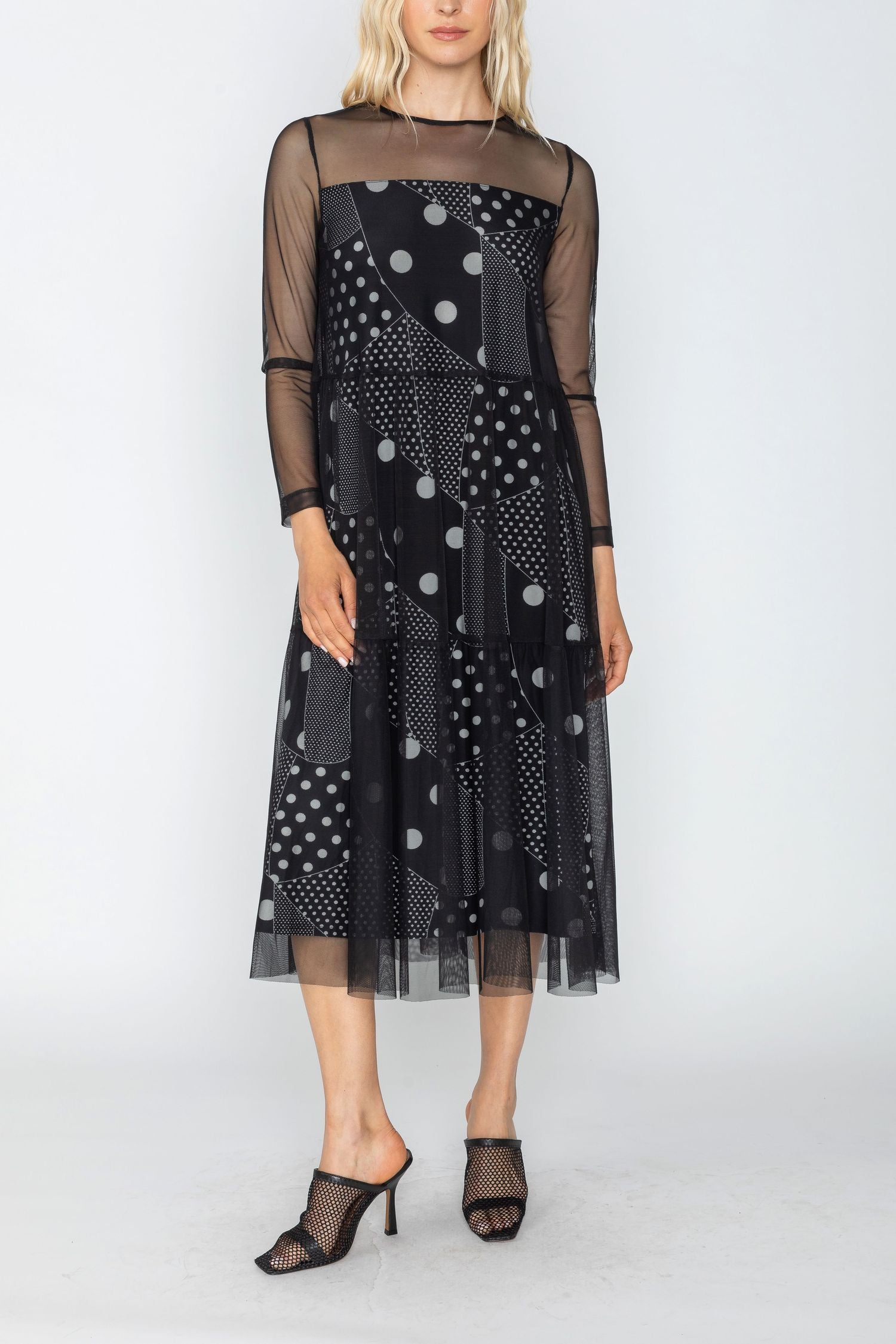 Layers Shirring Mesh & Print Combination Dress