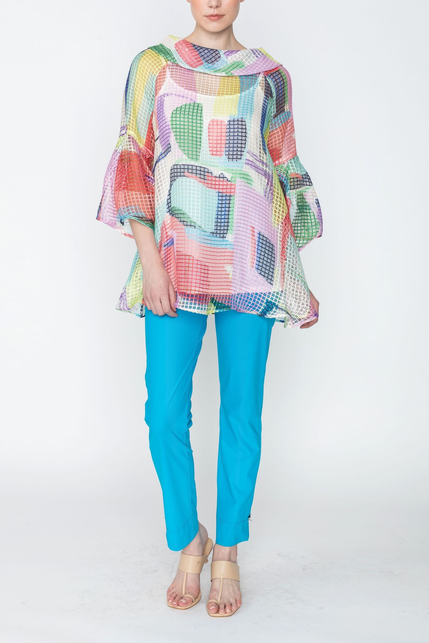 Plus Size Multi-Color Cowl-Neck & Pleats Bell Sleeves Top
