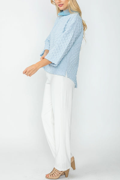 Sky Organza Stand Collar Back Pleats Button Detail Top – IC Collection