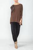 Brown Boat Neck Top W/ Rosette