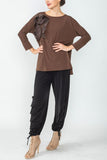 Brown Boat Neck Top W/ Rosette