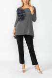 Charcoal Boat Neck Top W/ Rosette