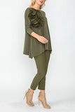 Olive Boat Neck Top W/ Rosette