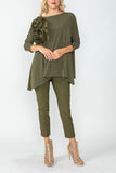 Olive Boat Neck Top W/ Rosette