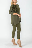 Olive Boat Neck Top W/ Rosette