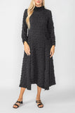 Black Mock Neck W/ Shirring Front Slit Uneven Hem 3/4 Sleeve Maxi Dress