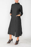 Black Mock Neck W/ Shirring Front Slit Uneven Hem 3/4 Sleeve Maxi Dress