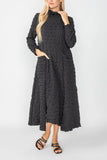 Black Mock Neck W/ Shirring Front Slit Uneven Hem 3/4 Sleeve Maxi Dress