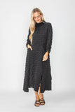 Black Mock Neck W/ Shirring Front Slit Uneven Hem 3/4 Sleeve Maxi Dress
