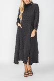 Black Mock Neck W/ Shirring Front Slit Uneven Hem 3/4 Sleeve Maxi Dress