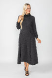 Black Mock Neck W/ Shirring Front Slit Uneven Hem 3/4 Sleeve Maxi Dress