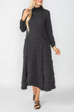 Black Mock Neck W/ Shirring Front Slit Uneven Hem 3/4 Sleeve Maxi Dress