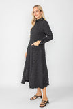 Black Mock Neck W/ Shirring Front Slit Uneven Hem 3/4 Sleeve Maxi Dress