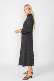 Black Mock Neck W/ Shirring Front Slit Uneven Hem 3/4 Sleeve Maxi Dress