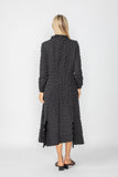 Black Mock Neck W/ Shirring Front Slit Uneven Hem 3/4 Sleeve Maxi Dress