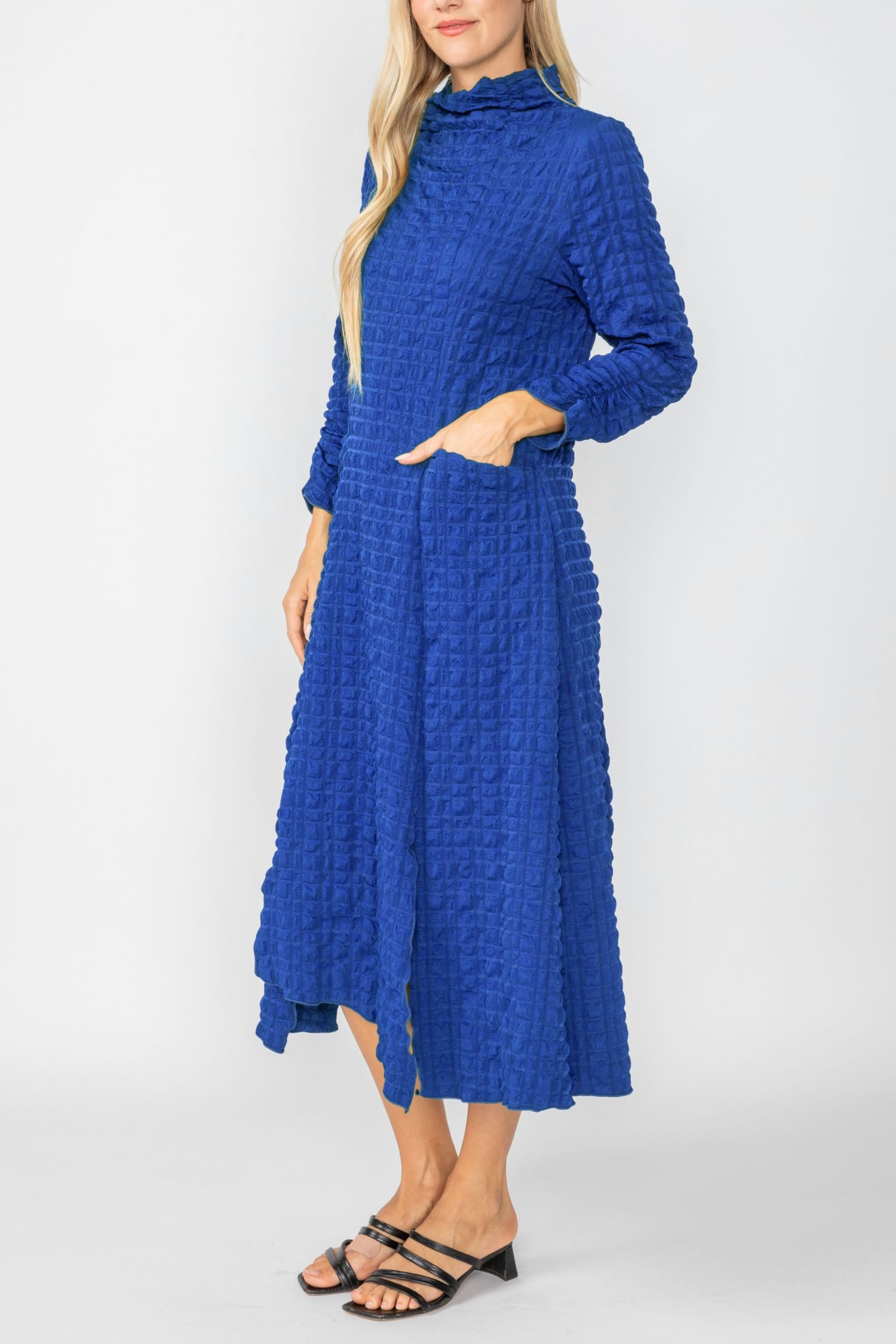 Blue Mock Neck W/ Shirring Front Slit Uneven Hem 3/4 Sleeve Maxi Dress IC Collection Blue Mock Neck W/ Shirring Front Slit Uneven Hem 3/4 Sleeve Maxi Dress IC Collection