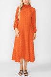 Brick Mock Neck W/ Shirring Front Slit Uneven Hem 3/4 Sleeve Maxi Dress