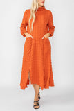 Brick Mock Neck W/ Shirring Front Slit Uneven Hem 3/4 Sleeve Maxi Dress