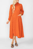 Brick Mock Neck W/ Shirring Front Slit Uneven Hem 3/4 Sleeve Maxi Dress