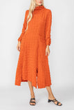 Brick Mock Neck W/ Shirring Front Slit Uneven Hem 3/4 Sleeve Maxi Dress