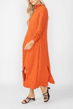 Brick Mock Neck W/ Shirring Front Slit Uneven Hem 3/4 Sleeve Maxi Dress