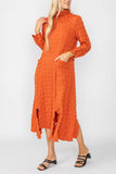 Brick Mock Neck W/ Shirring Front Slit Uneven Hem 3/4 Sleeve Maxi Dress