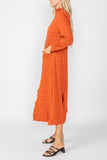 Brick Mock Neck W/ Shirring Front Slit Uneven Hem 3/4 Sleeve Maxi Dress