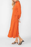 Brick Mock Neck W/ Shirring Front Slit Uneven Hem 3/4 Sleeve Maxi Dress