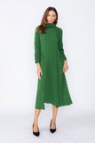 Hunter Green Mock Neck W/ Shirring Front Slit Uneven Hem 3/4 Sleeve Maxi Dress