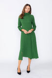Hunter Green Mock Neck W/ Shirring Front Slit Uneven Hem 3/4 Sleeve Maxi Dress