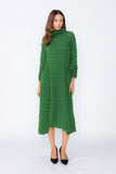 Hunter Green Mock Neck W/ Shirring Front Slit Uneven Hem 3/4 Sleeve Maxi Dress