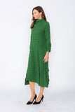 Hunter Green Mock Neck W/ Shirring Front Slit Uneven Hem 3/4 Sleeve Maxi Dress
