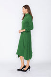 Hunter Green Mock Neck W/ Shirring Front Slit Uneven Hem 3/4 Sleeve Maxi Dress