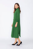 Hunter Green Mock Neck W/ Shirring Front Slit Uneven Hem 3/4 Sleeve Maxi Dress