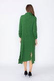 Hunter Green Mock Neck W/ Shirring Front Slit Uneven Hem 3/4 Sleeve Maxi Dress