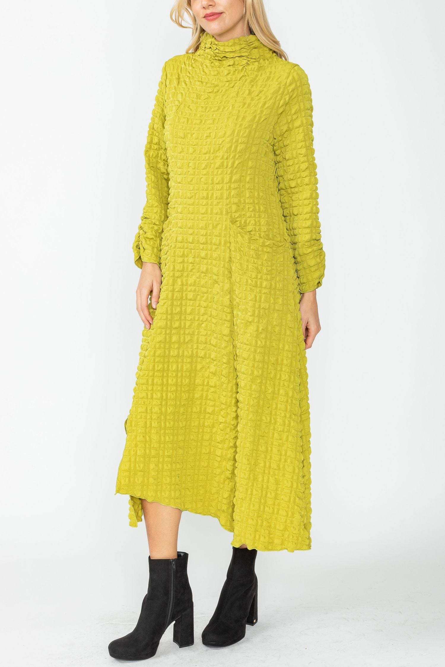 Plus Size Lime Mock Neck W/ Shirring Front Slit Uneven Hem 3/4 Sleeve Maxi Dress